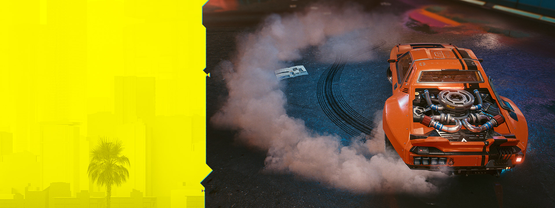 An orange racing car does donuts in a parking lot.