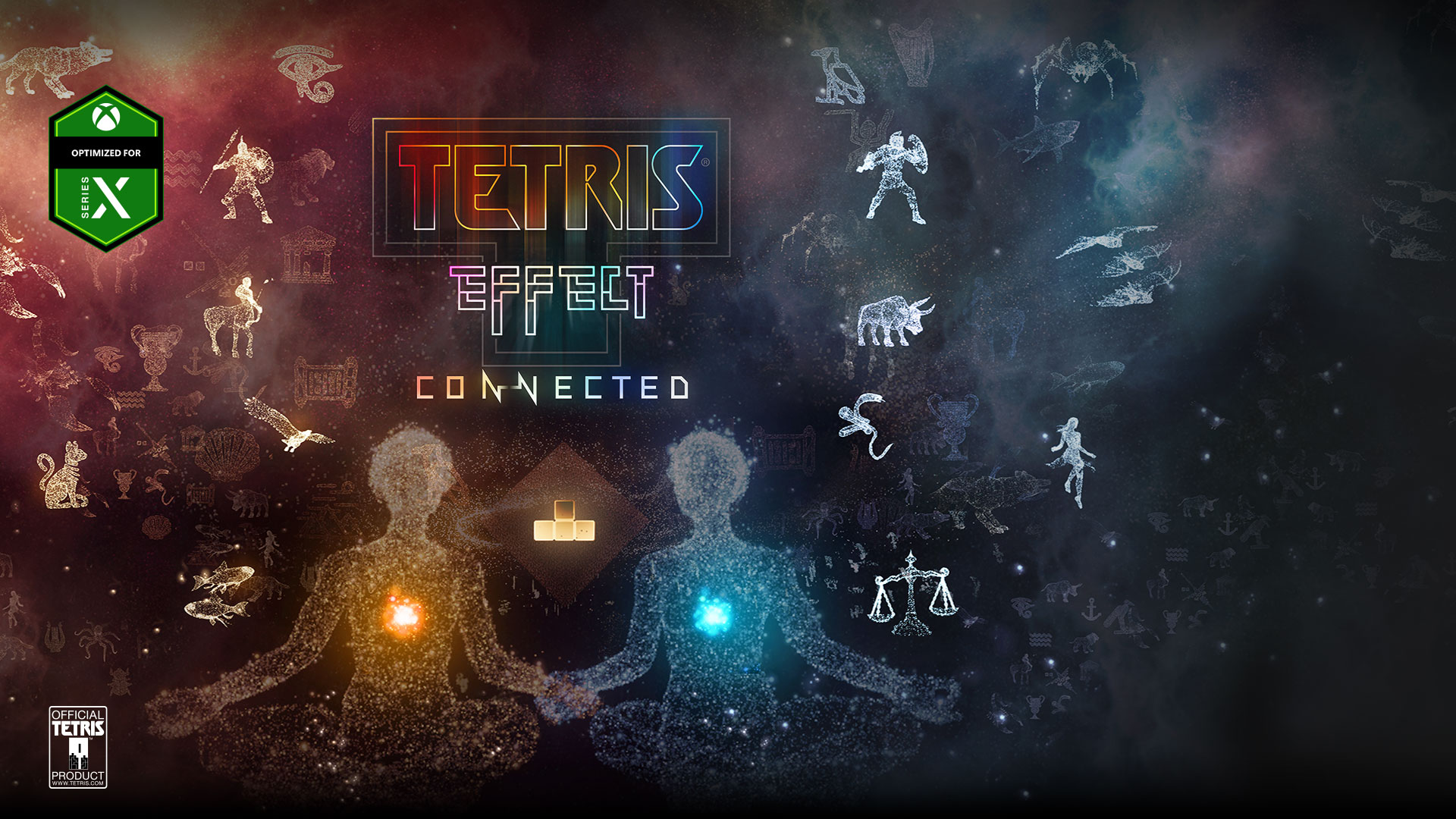 Series X 性能优化，《Tetris Effect Connected》, 官方 Tetris 产品，一大片繁星排列形成动物和人的形状。 