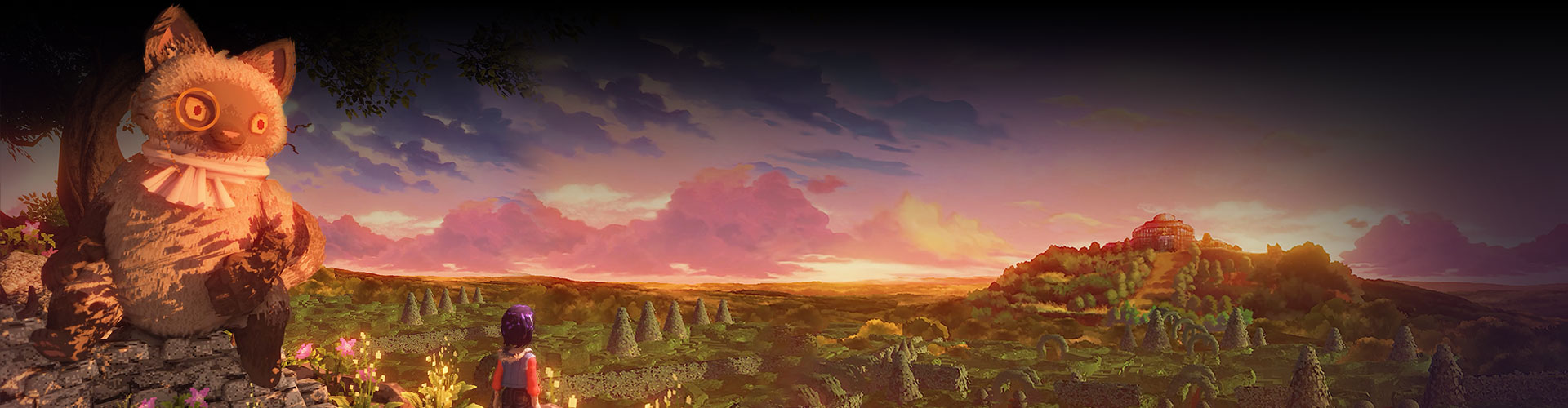 Ravenlok regardant en direction d’un édifice de l’autre côté d’une vallée avec un gros chat portant un monocle à côté d’elle