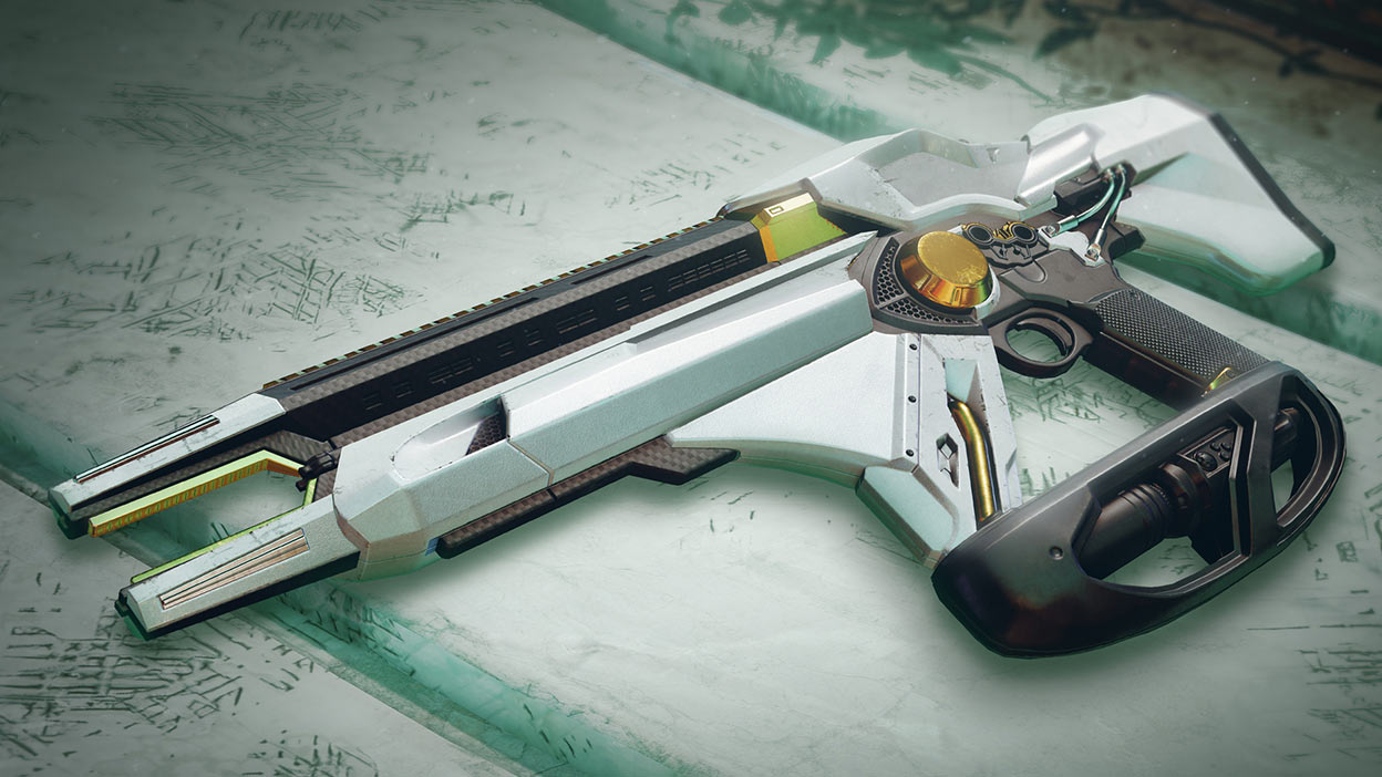 White, black, and gold weapon on a white table