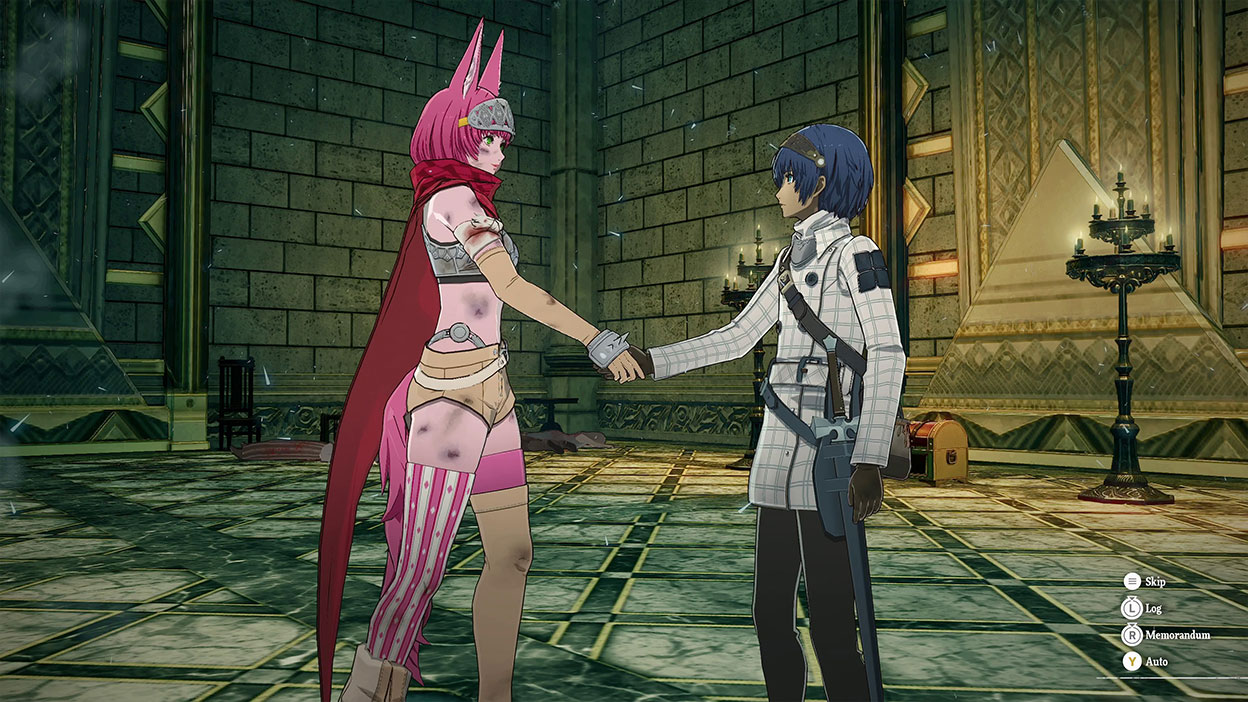 O protagonista aperta a mão de um personagem de cabelo rosa e orelhas de raposa.