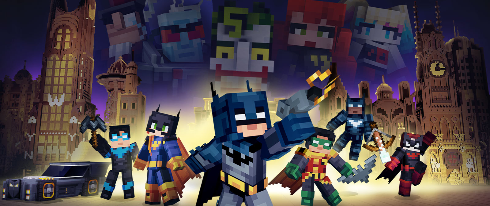 Batman e la sua famiglia in posa insieme ai cattivi affacciati su una Gotham City di Minecraft.