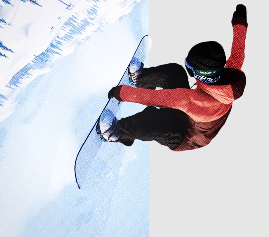 Shredders, snowboardista letí bočně vzduchem a drží prkno.
