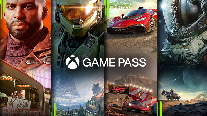 A lockup of several games available on Xbox Game Pass, including Deathloop, Halo Infinite, Forza Horizon 5, and Minecraft