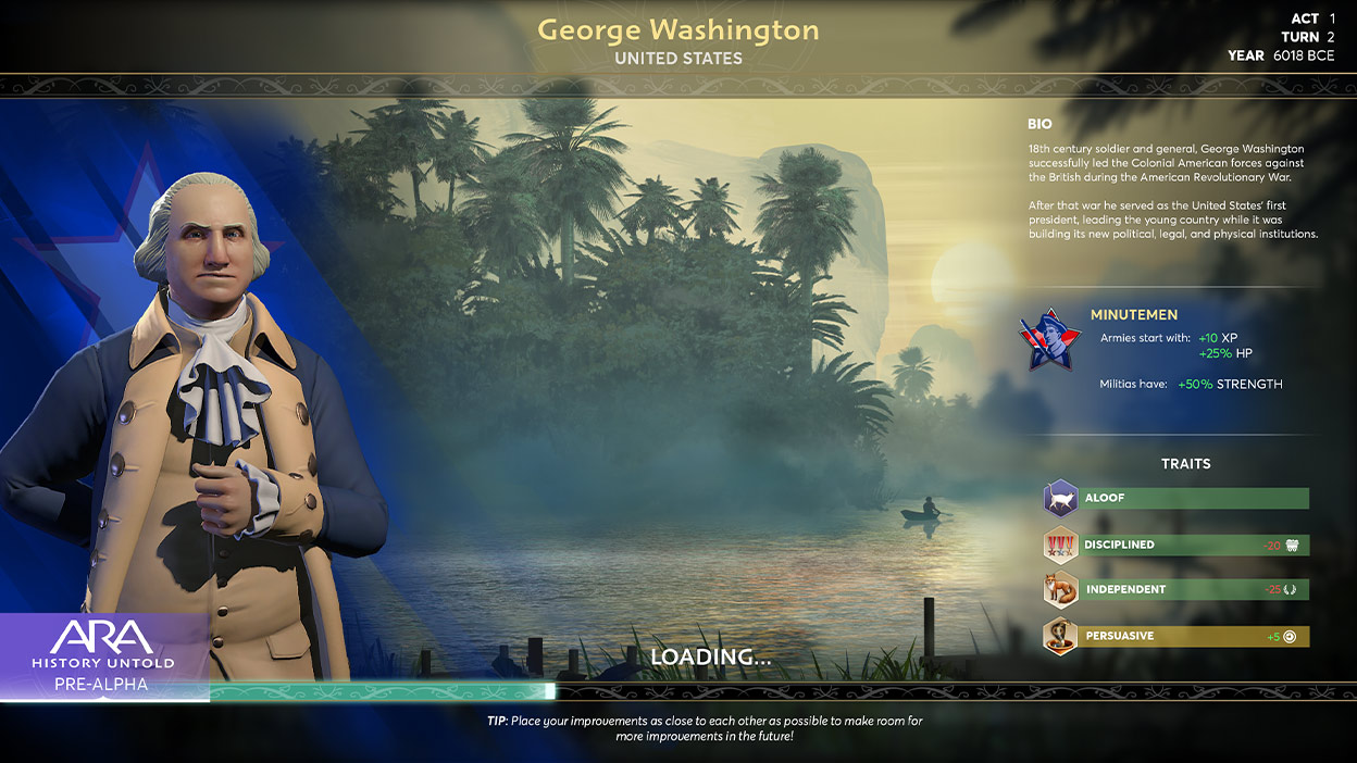 《Ara History Untold Pre-Alpha》，顯示喬治華盛頓、簡短自傳及其特色的載入畫面。