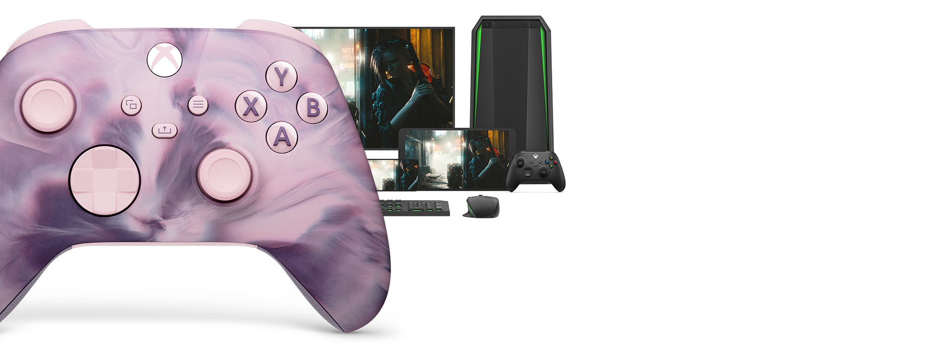 Ansicht der rechten Seite des Xbox Wireless Controllers – Dream Vapor Special Edition von vorne mit verschiedenen spielbaren Plattformen dahinter