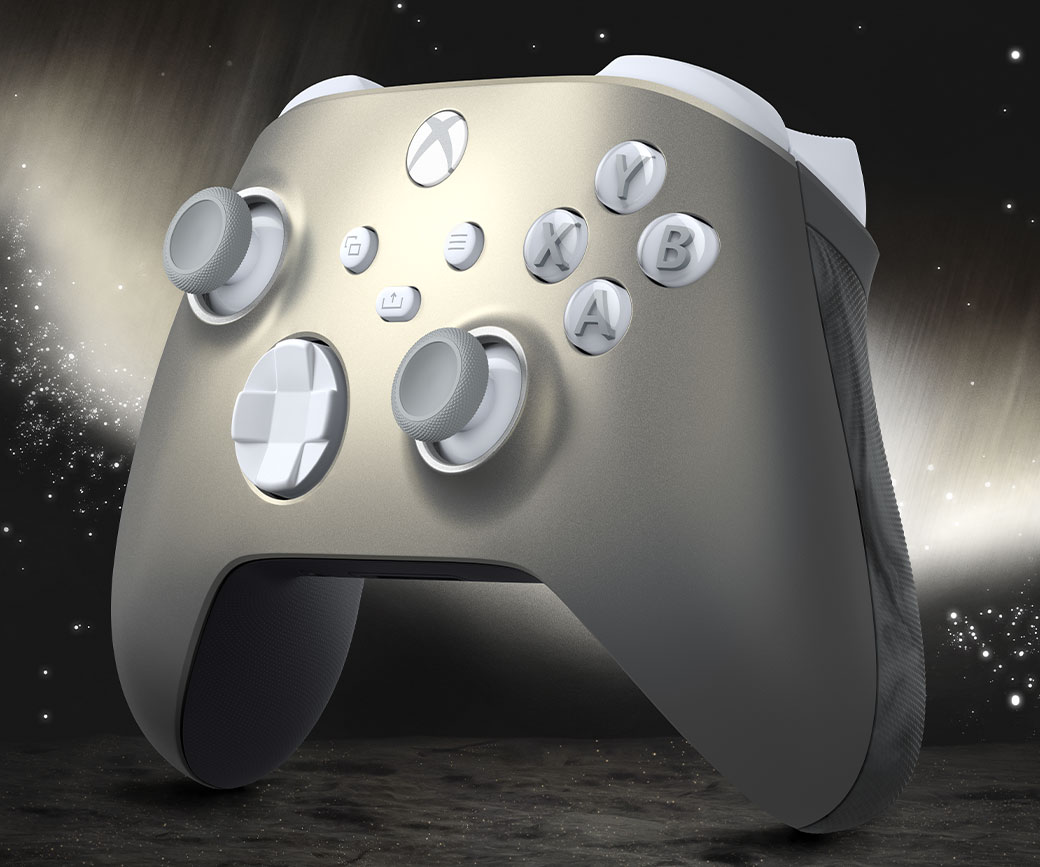 The Xbox Wireless Controller - Lunar Shift Special Edition with right side of the controller turned forward and shimmer background