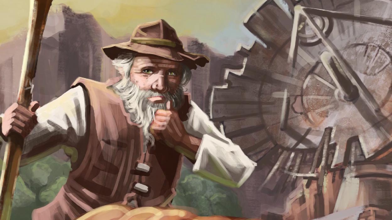 Captura de pantalla de un personaje con barba que sostiene un bastón junto a una antena parabólica