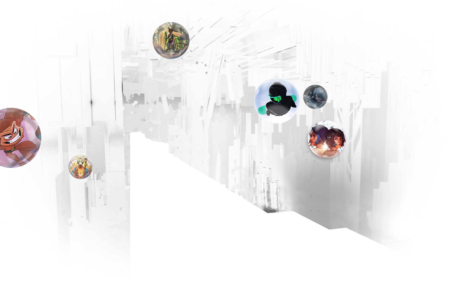 White and gray background with bubbles of different sizes.  Inside the bubbles are characters from different games, including Borderlands 3, Grounded, and Battletoads