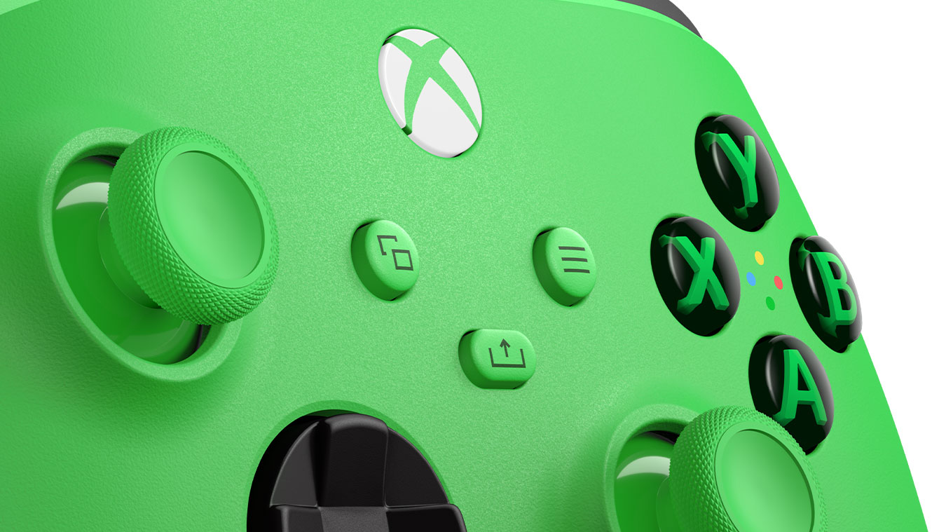 обновить основную галерею с изображением: левый угол кнопки Xbox, кнопки «Пуск», «Назад» и кнопки «Поделиться» на беспроводном геймпаде Xbox Зеленый