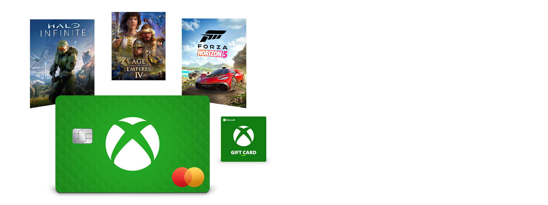 Xbox Credit card with Halo Infinite, Age of Empires IV, Forza Horizon 5, and Microsoft gift card