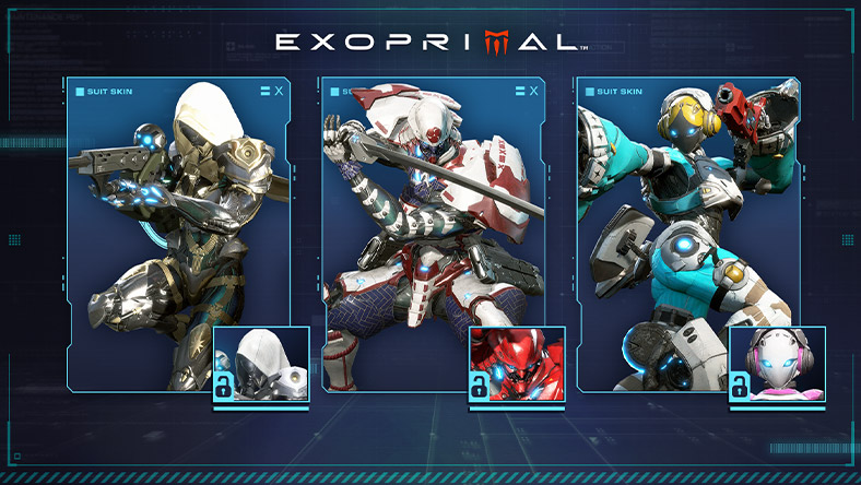 Exoprimal, three suit skins including Vigilant Beta Bowhunter, Murasame, and Nimbus