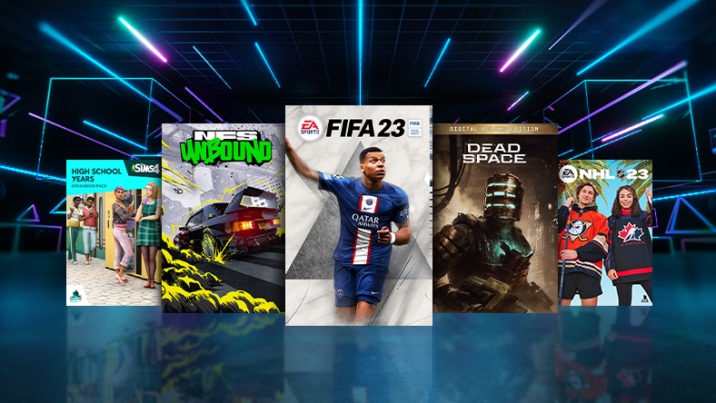 Box art from games that are part of the EA Publisher Sale, including Need for Speed™ Unbound, FIFA 23 Standard Edition Xbox Series X|S, and Dead Space Digital Deluxe Edition.