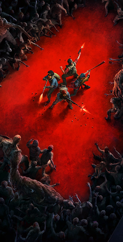 Back 4 Blood. 4 sayısı şeklini oluşturacak şekilde bir grup karakterin etrafını saran zombi topluluğu.