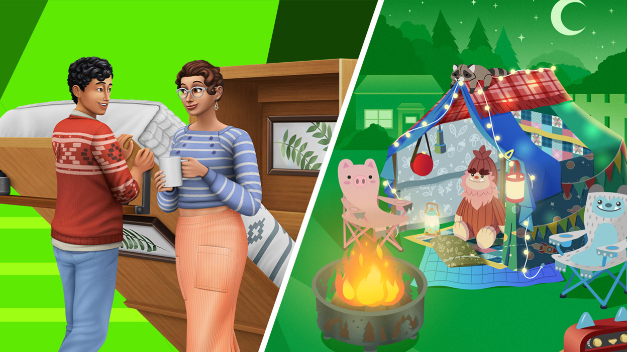 One sim letting down a murphy bed while another holds a mug. A stuffed animal sitting inside a tent surrounded by cute child-like camping items.