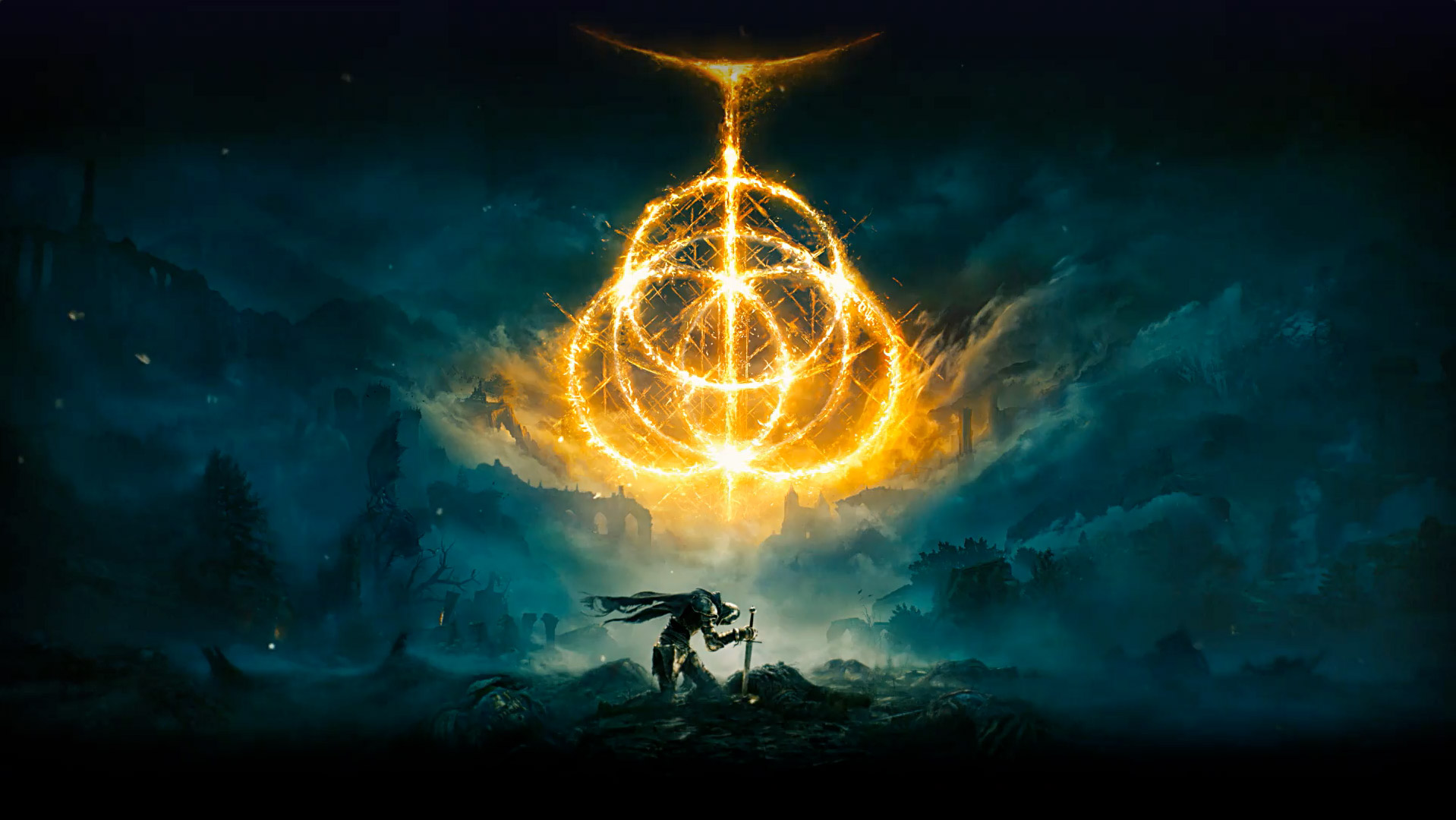 Elden Ring. Plusieurs anneaux enflammés créant le symbole d’Elden Ring. Personnage de chevalier avec son épée dans le sol dans une région dévastée avec du brouillard.