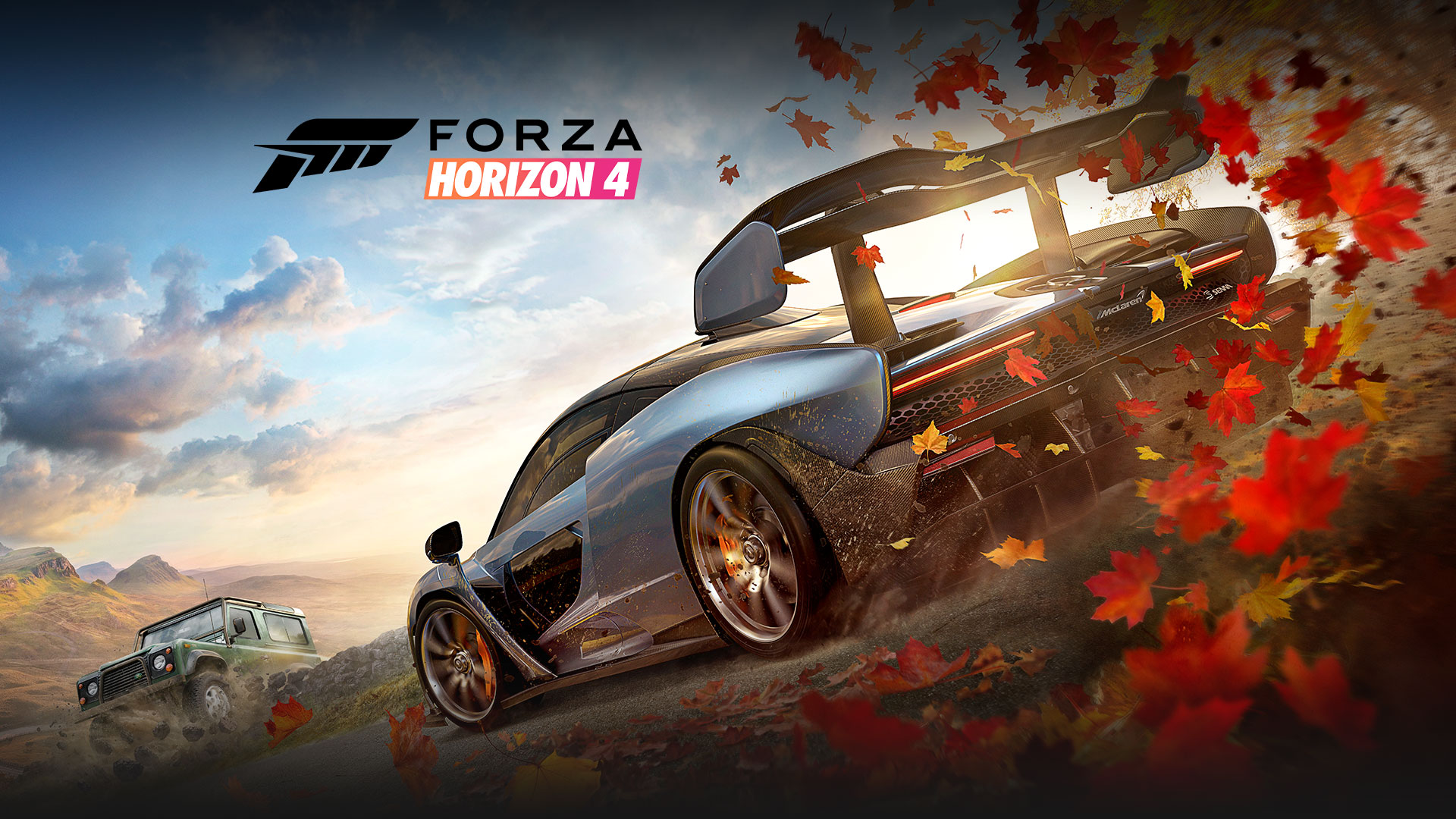 Forza Horizon 4, deux voitures, dont une suivie de feuilles
