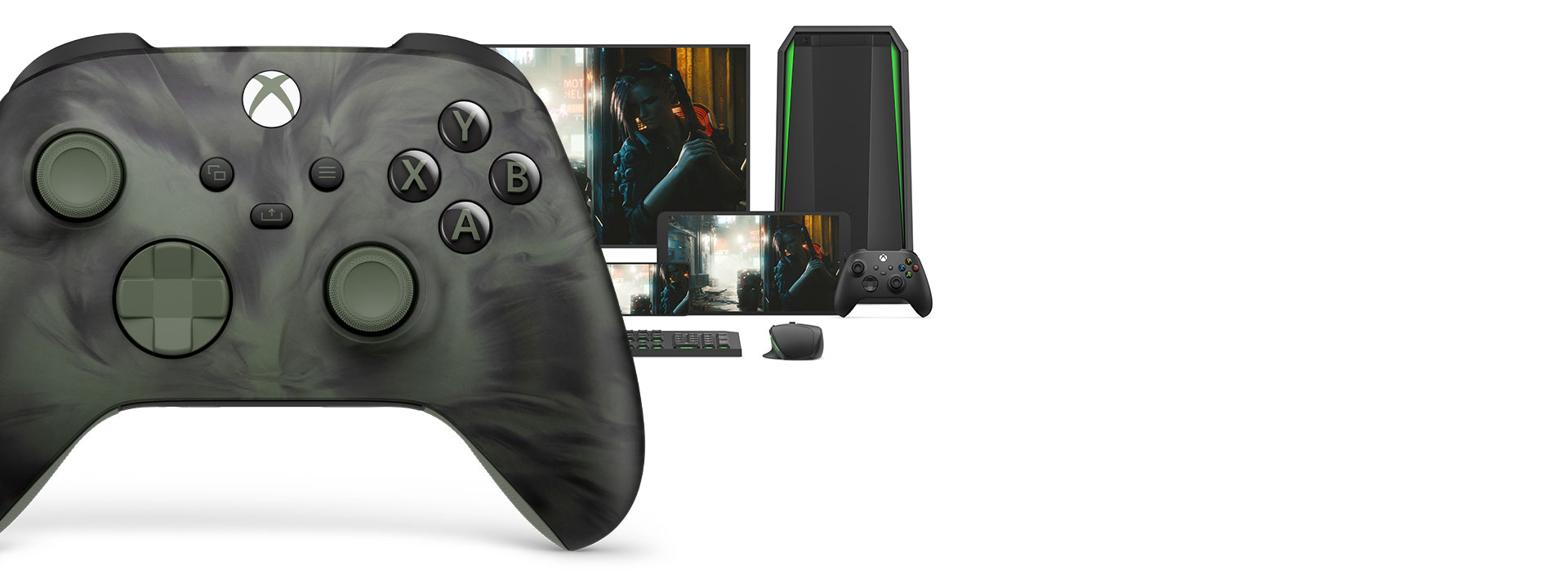 Xbox 무선 컨트롤러 – Nocturnal Vapor 스페셜 에디션의 오른쪽을 앞에서 본 모습. 뒤에는 이 컨트롤러로 게임을 플레이할 수 있는 여러 플랫폼이 보입니다.