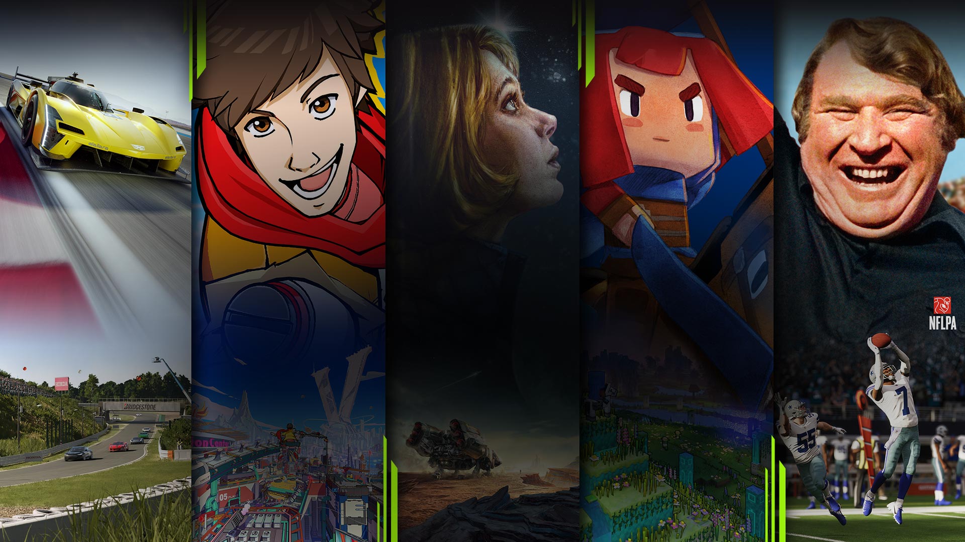 Arte de vários jogos disponíveis com o Xbox Game Pass, incluindo Forza Motorsport, Hi-Fi Rush, Starfield, Minecraft Legends e Madden NFL 23