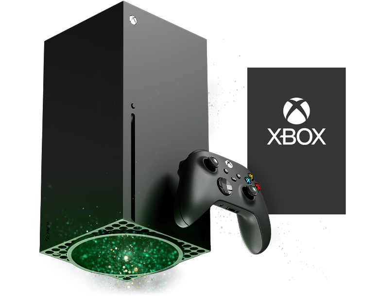 Pohled zleva na Xbox Series X s obrázkem obalu hry pro Xbox