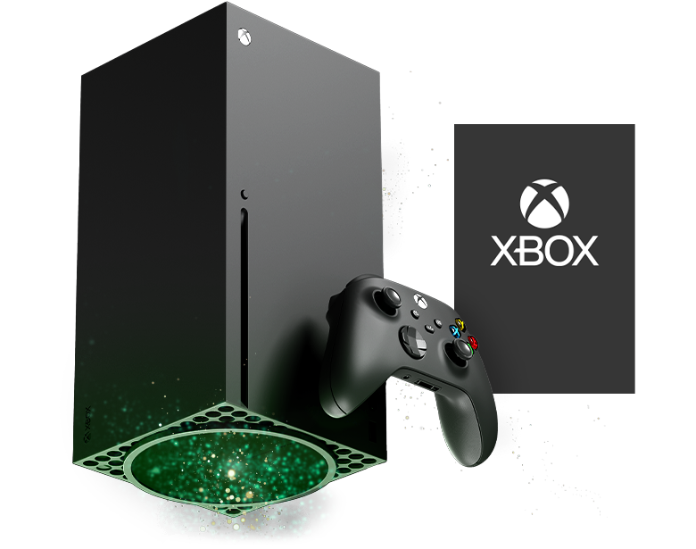 Konsola Xbox Series X widziana od lewej ze zdjęciem pudełka gry na konsole Xbox