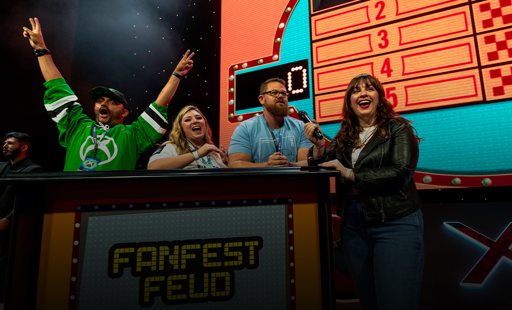 Three players of access feud being interviewed by host