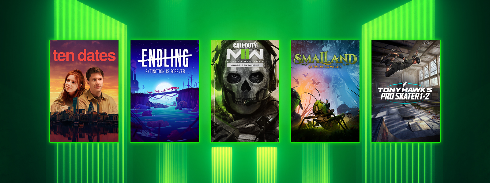 Box art from games included in the Publisher Spotlight Series Sale, including Call of Duty®: Modern Warfare® II - Cross-Gen Bundle, Smalland: Survive the Wilds, and Endling - Extinction is Forever.