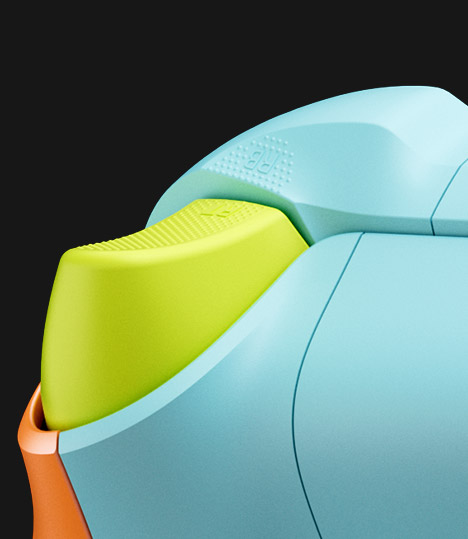Närbild av gröna, blåa och orange kantknappar och avtryckare på Xbox trådlös handkontroll – Sunkissed Vibes OPI Special Edition.