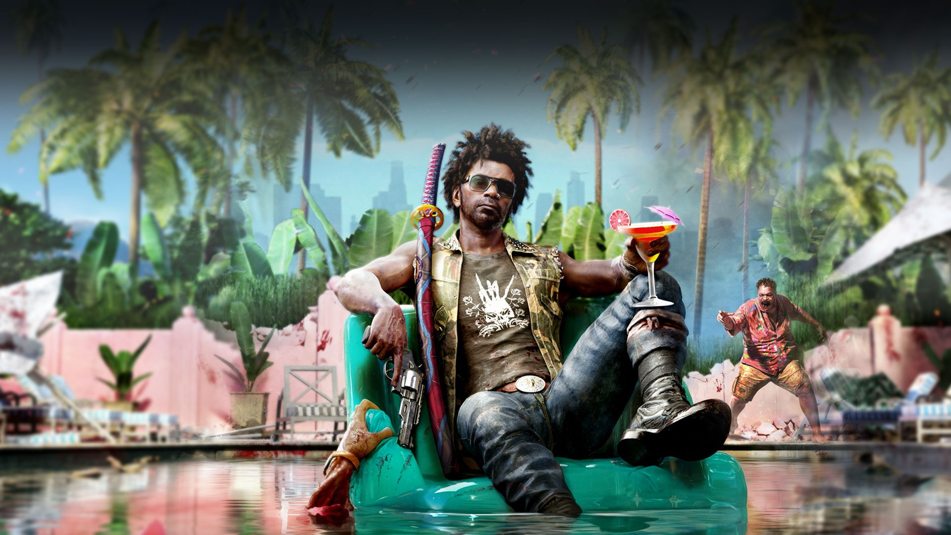 The main character floats on an inflatable pool chair with his weapons and a martini, a zombie behind him points as a hand reaches out from the pool to grab the chair.