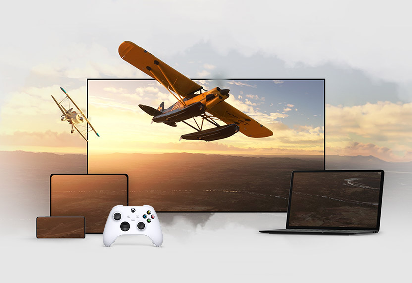 Microsoft Flight Simulator gameplay appears across multiple device screens, including a laptop, TV, phone and tablet
