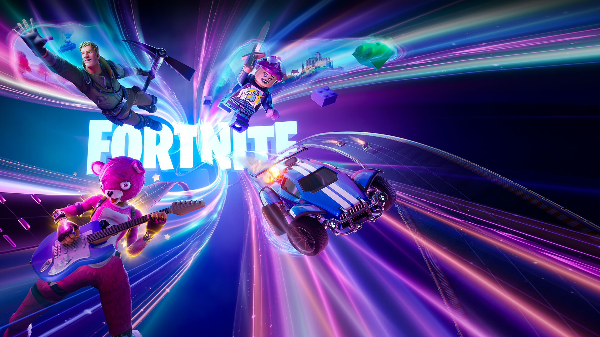 Fortnite Logo, a Fortnite character with a pickaxe, a pink bear with a guitar, a Lego figure and a rocket car fly forward with neon swirls around them.