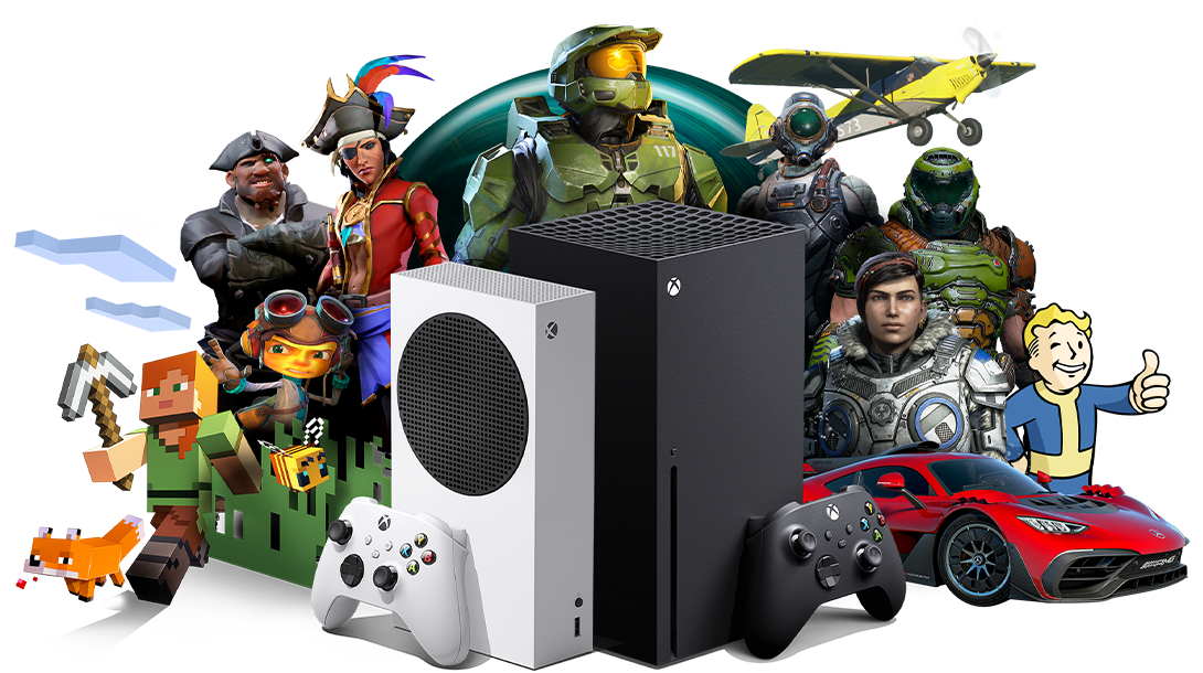 Eine Xbox Series S-Konsole und ein Xbox Wireless Controller vor einer Sammlung von Spielcharakteren aus Xbox-Spielen.