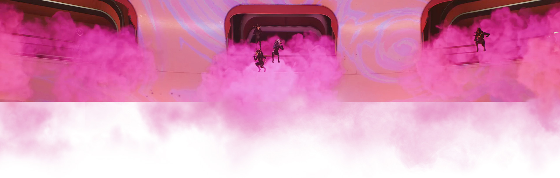 Fyra karaktärer, omgivna av rosa rök, som hoppar ut från ett skepp.