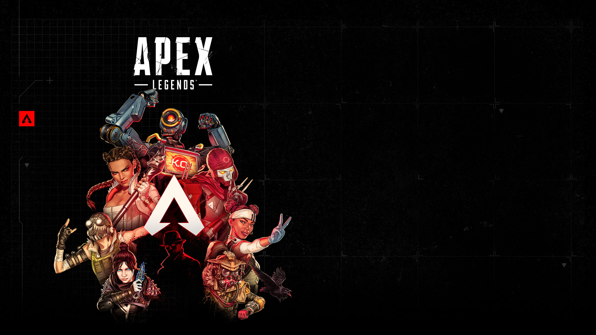 Apex Legends, sedem legiend pózuje okolo loga Apex Legends.