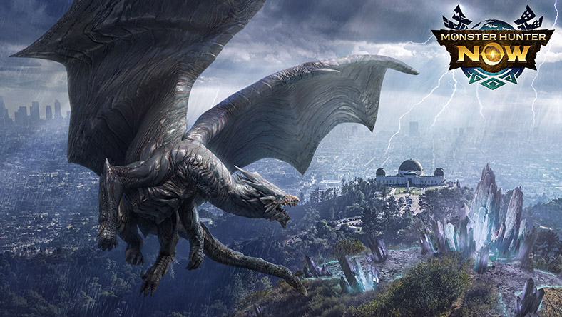 Monster Hunter Now, Kushala Daora, an Elder Dragon, flies above a stormy city skyline