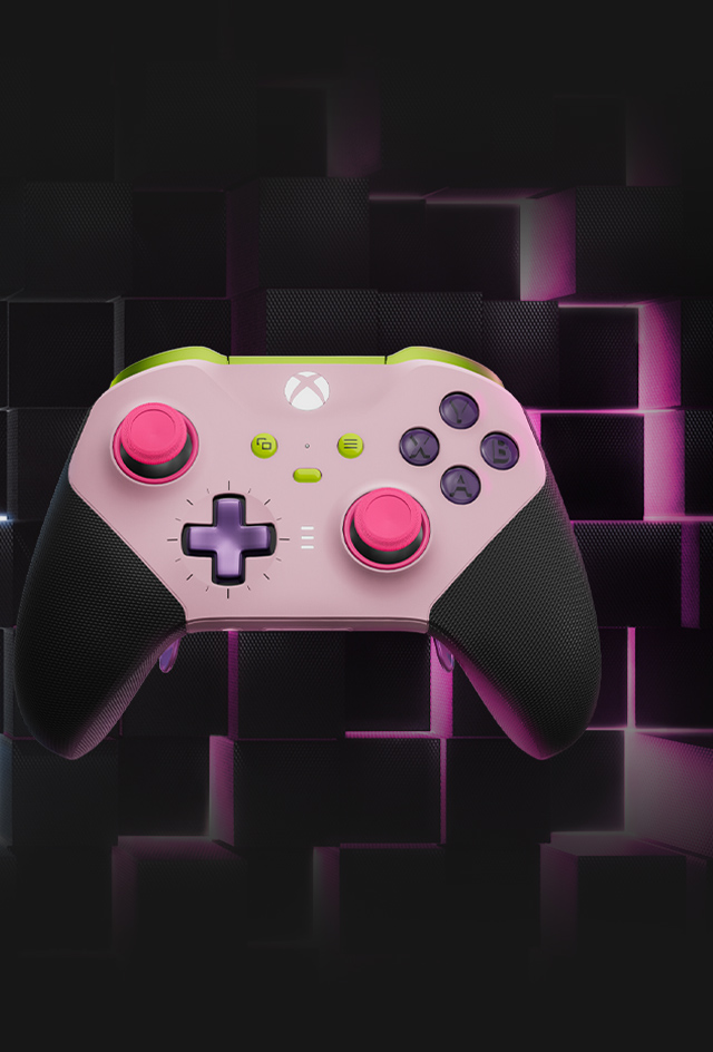 Mando inalámbrico Xbox Elite Series 2 con Xbox Design Lab multicolor delante de un patrón de un brillante cubo de neón.