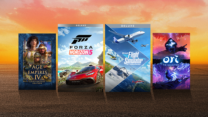 Box art from games included in the Xbox Game Studios Sale, including Forza Horizon 5 Deluxe, Microsoft Flight Simulator – Deluxe, and Age of Empires IV: Anniversary Edition.