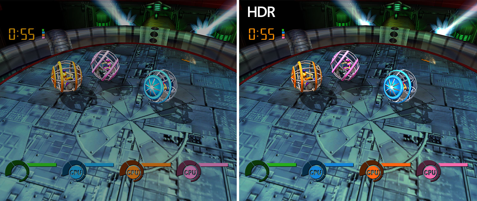 Összehasonlító képernyőképek a Fusion Frenzy játékból; a két kép egyikének jobb a fényereje az Automatikus HDR funkciónak köszönhetően