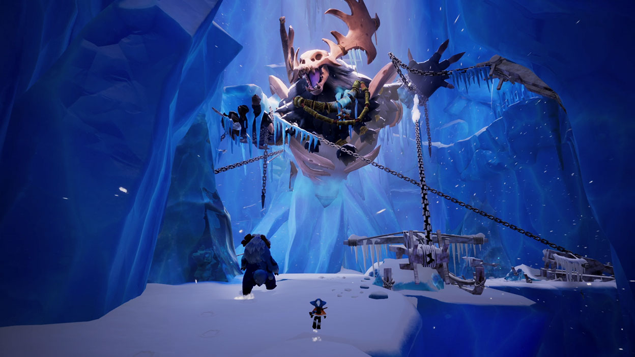 Nunu and Willump going towards a large skeletal monster that is chained in an icy cave