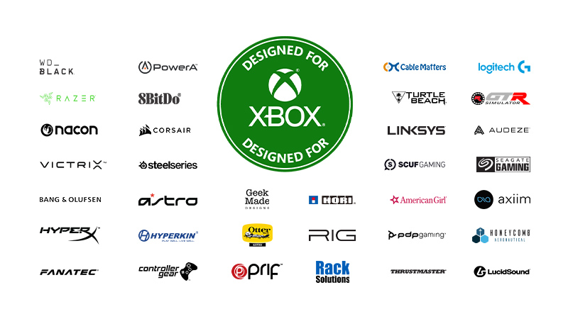 Numerous logos of companies that Xbox has partnered with to create accessories.