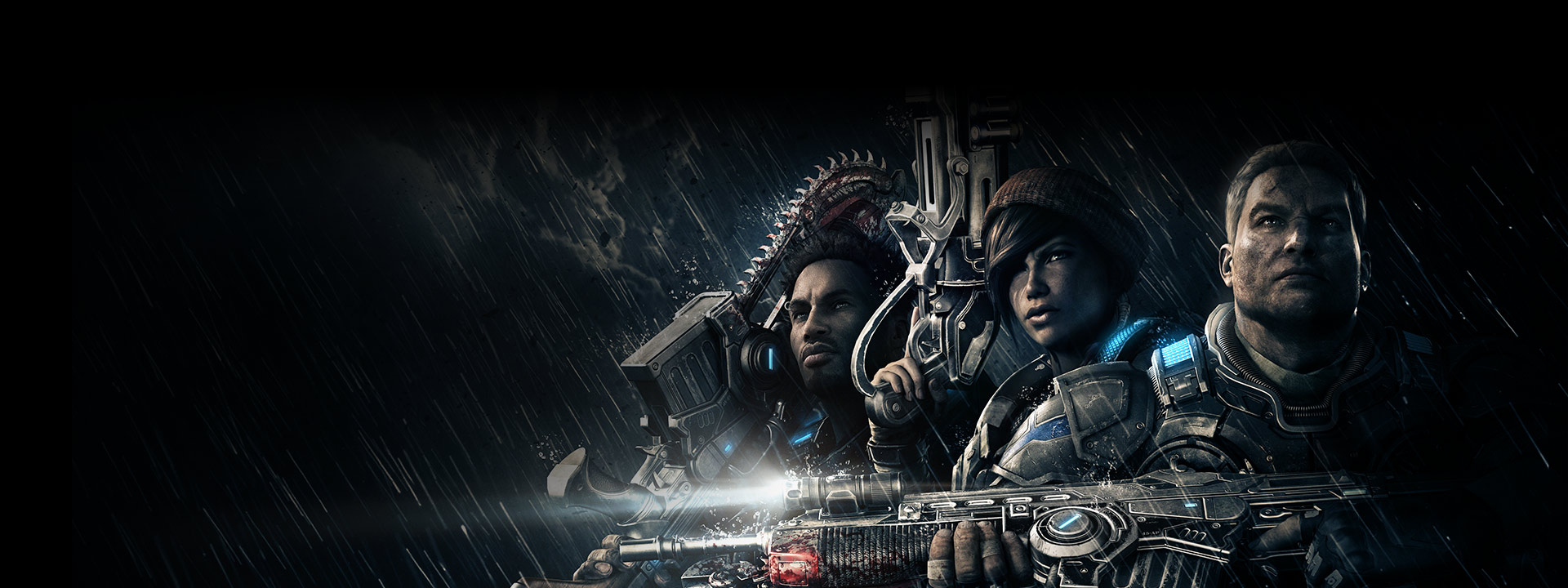 JD, Del and Kait posing with weapons in the rain