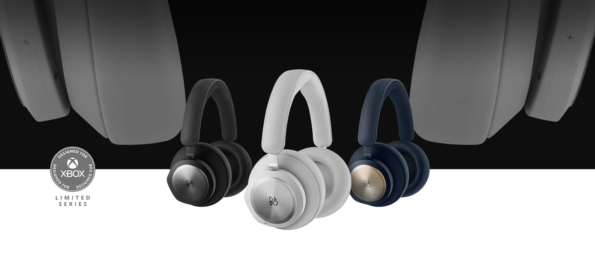 Designed for Xbox badge, Limited Series, Bang and Olufsen grey headset in front with the black and navy headset beside it