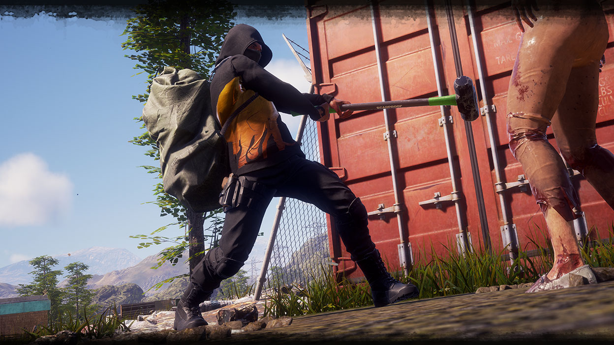 Un personnage de State of Decay 2 brandissant une massue devant un zombie