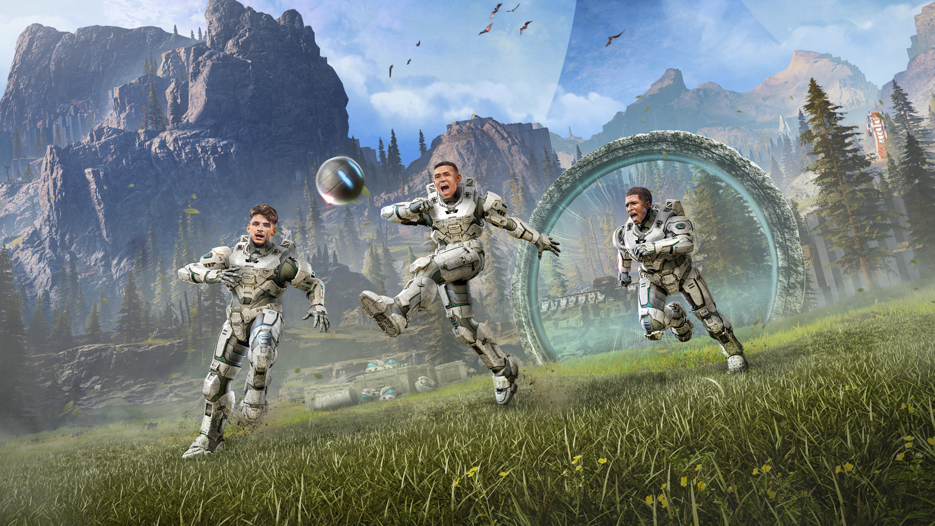 Several players from the English football team, kitted out in Spartan Armour, kicking a ball on the Halo ring from Halo Infinite. 