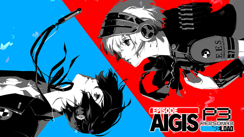 P3, Persona 3 Reload: Episode Aigis, characters Aigis and Makoto Yuki against a blue and red background