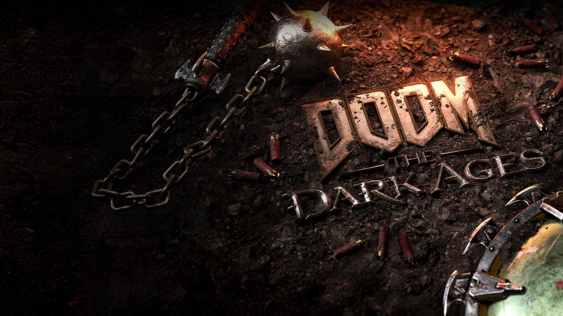『DOOM: The Dark Ages』のロゴと盾とフレイル。
