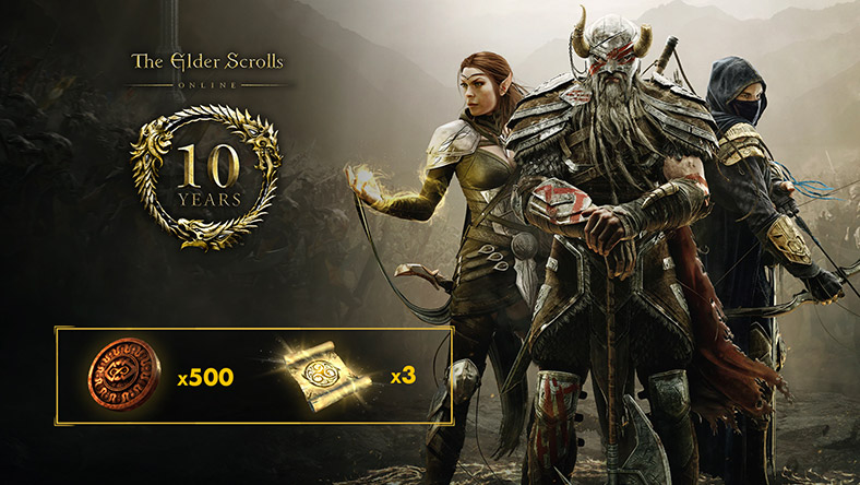 The Elder Scrolls Online, 10 Years, 500 coins, three scrolls, fantasy characters stand ready to fight