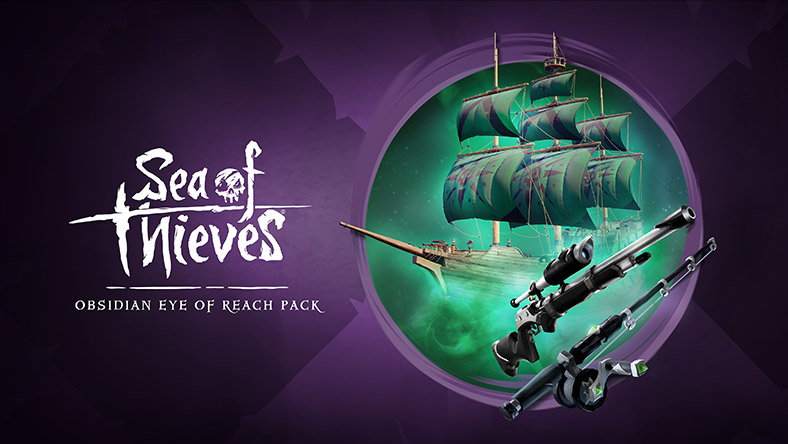 Sea of Thieves, Obsidian Eye of Reach logo next to a fishing pole and rifle over a pirate ship