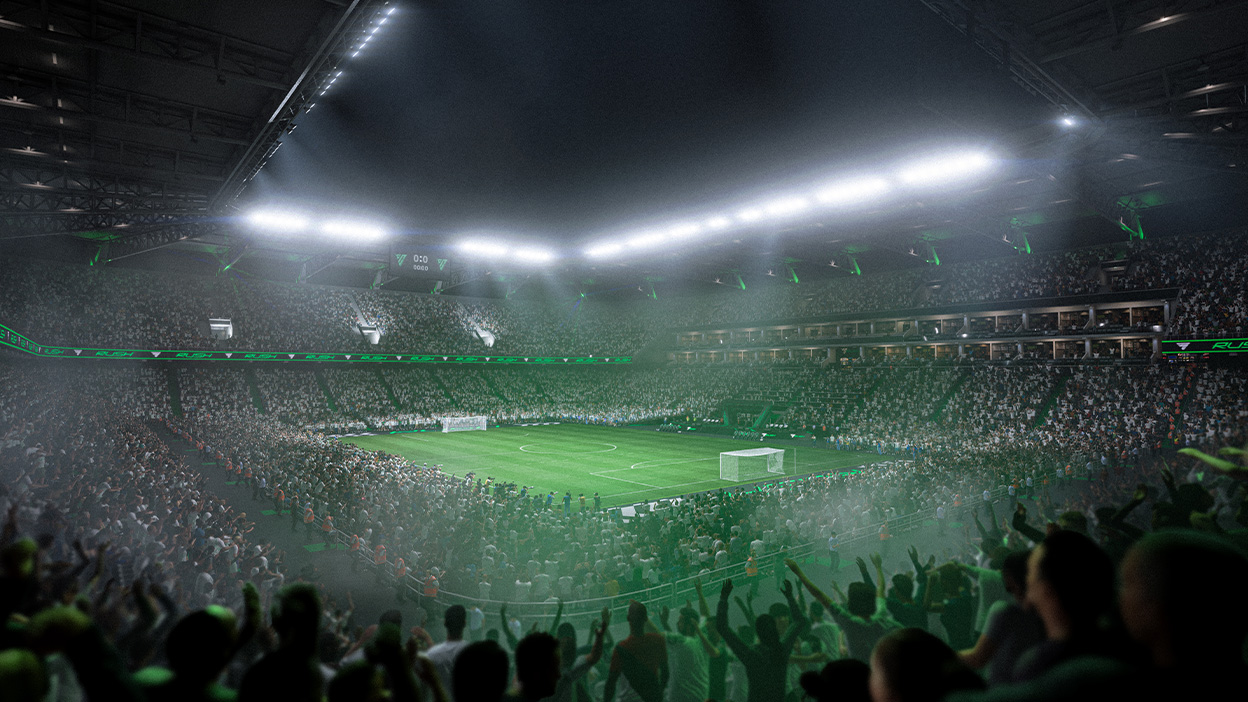 Bright lights shine on a giant stadium full of cheering fans at night