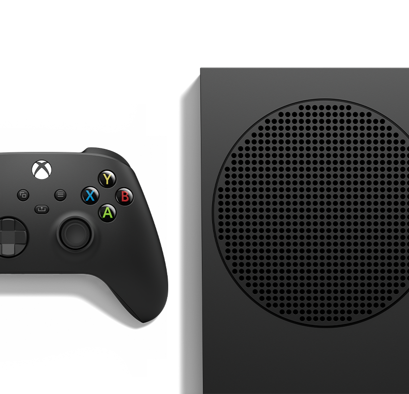 Pohled zepředu na Xbox Series S s bezdrátovým ovladačem pro Xbox